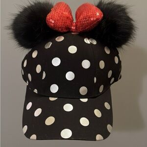 Minnie Mouse Hat Black w/silver polka dots, Ears, Red Bow Disney Parks Adj NWT